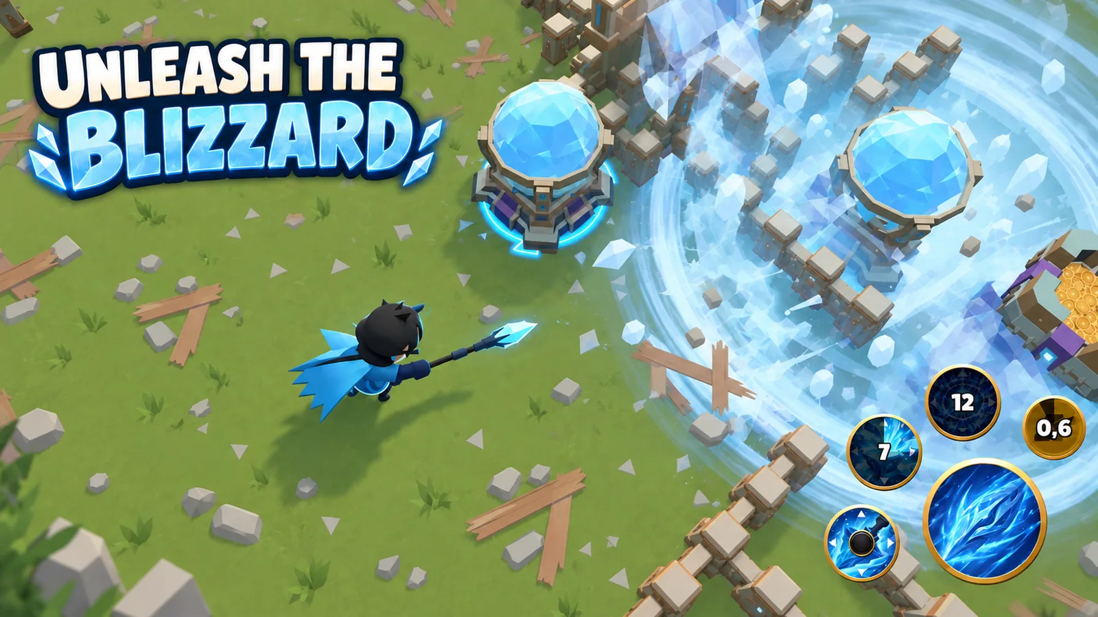 Niva unleashes an icy whirlwind against village defenses in Crown Raiders.